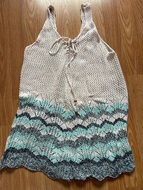 Crochet Tie-Front Women’s Swim Cover-Up in White and Aqua